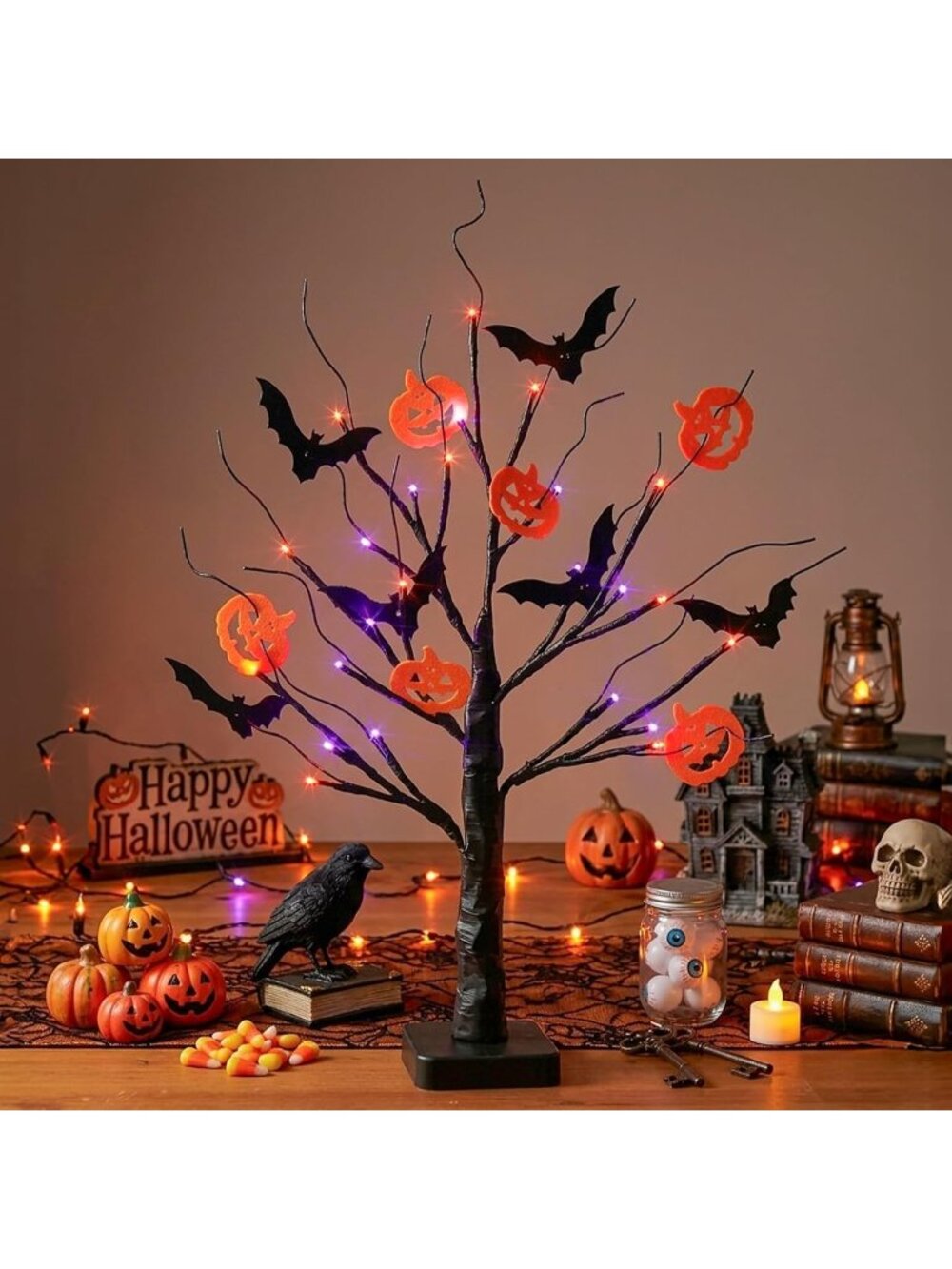 New 22 Inch Halloween Black Tree 24 LED Orange Purple Lights Timer Decor - Picture 6 of 7